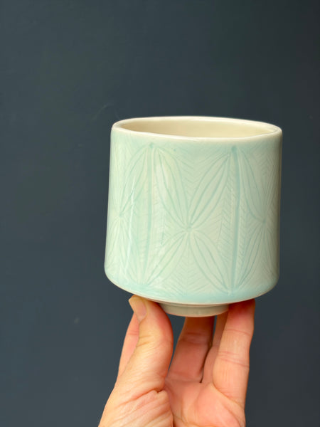 Carved porcelain Celadon matcha (handleless) mug