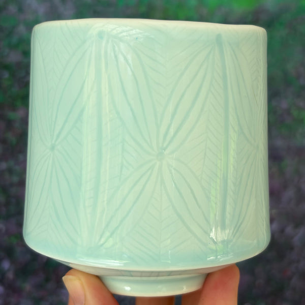 Carved porcelain Celadon matcha (handleless) mug