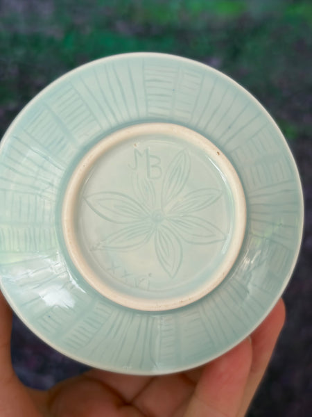 Carved porcelain Celadon matcha (handleless) mug
