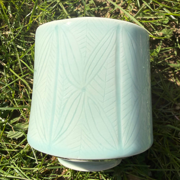 Carved porcelain Celadon matcha (handleless) mug
