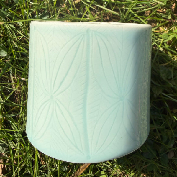 Carved porcelain Celadon matcha (handleless) mug