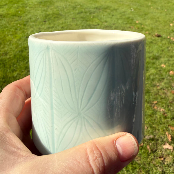 Carved porcelain Celadon matcha (handleless) mug