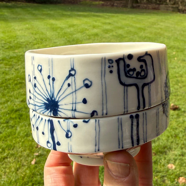 Blue and white porcelain - two small stacking and snacking bowls